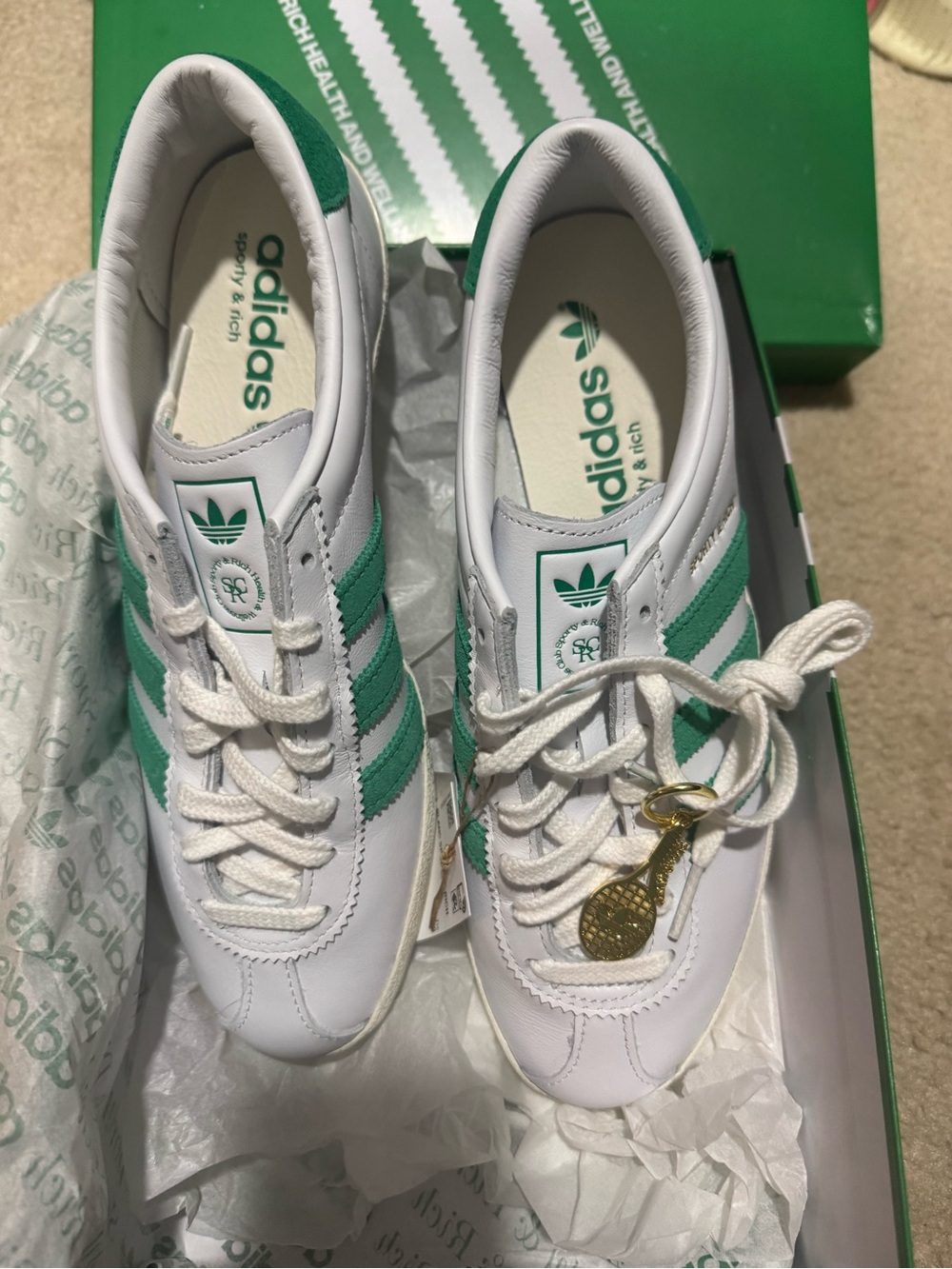 Sporty & Rich x adidas White Sneakers with Green Stripes